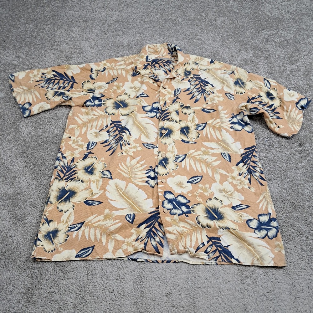 Bobby Chan Mens Large 100% Silk Tropical Hibiscus Floral Camp Shirt Tan Blue